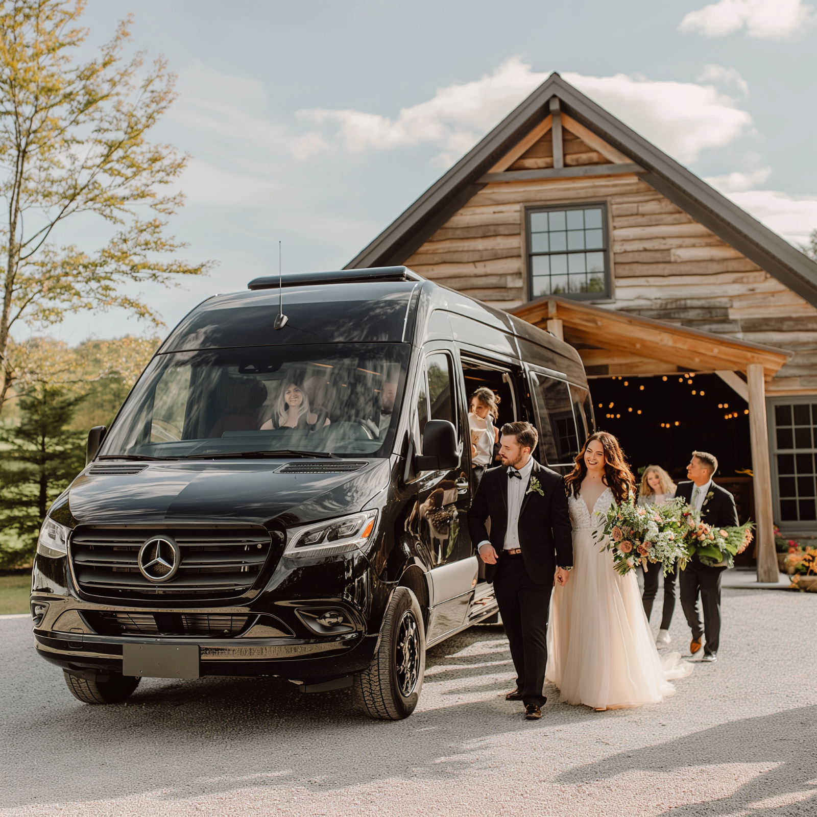 a_m_visuals_wedding_party_walking_out_of_a_black_luxury_sprinte_c730cfae-55ad-42b5-b95c-2cd06dfe0484-1-1 Bride and groom with vintage wedding car.